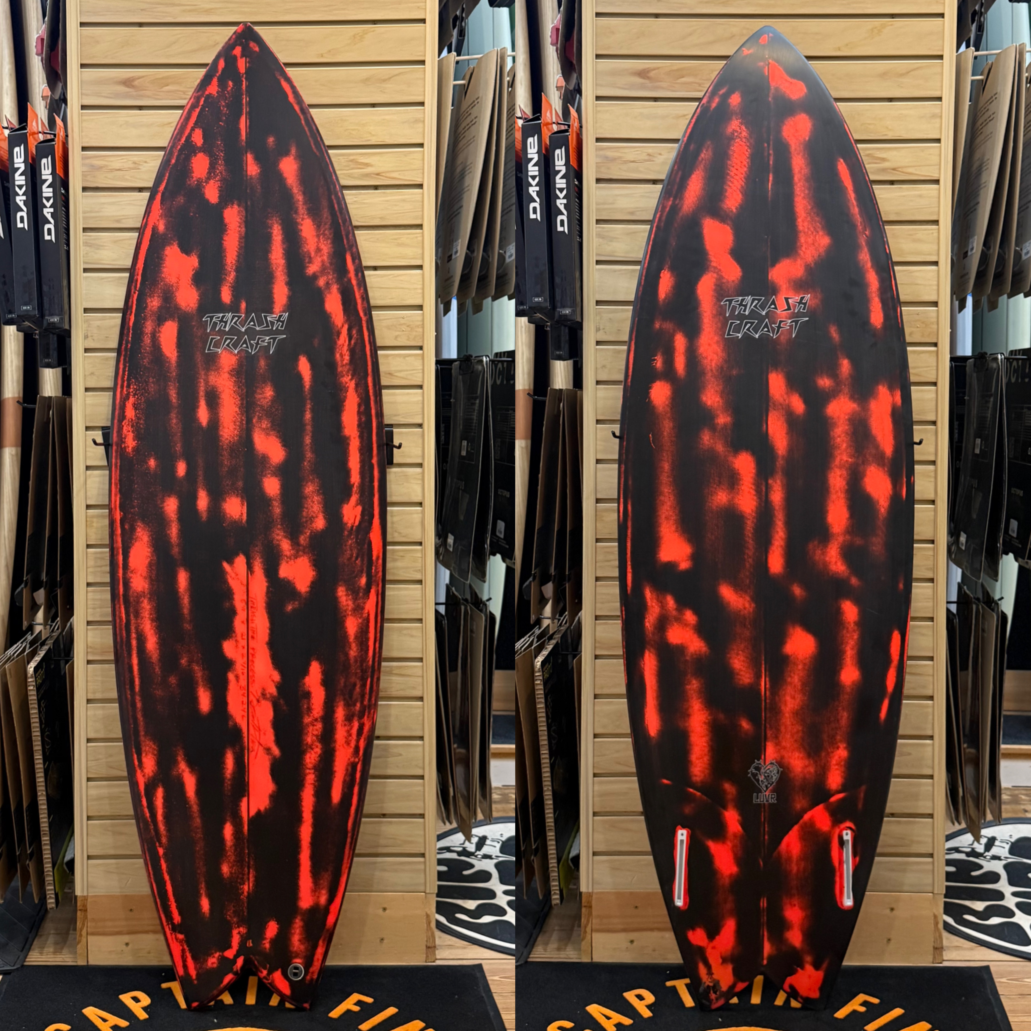 5'11 Luvr (all red tie-dye) surfboard top photo